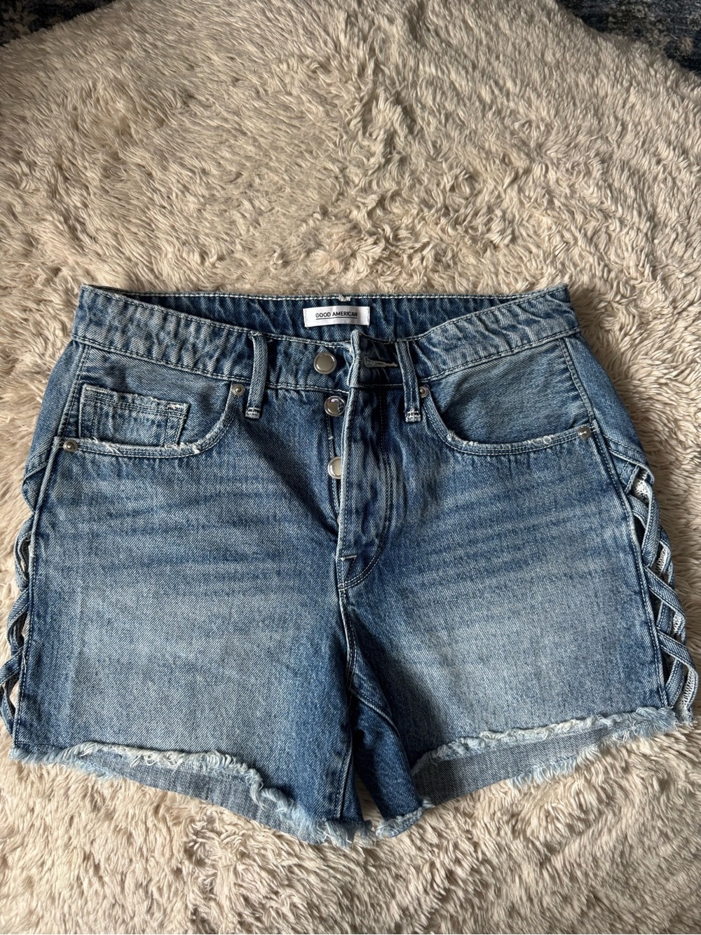 Good American Light Blue Denim Shorts with Side Lattice